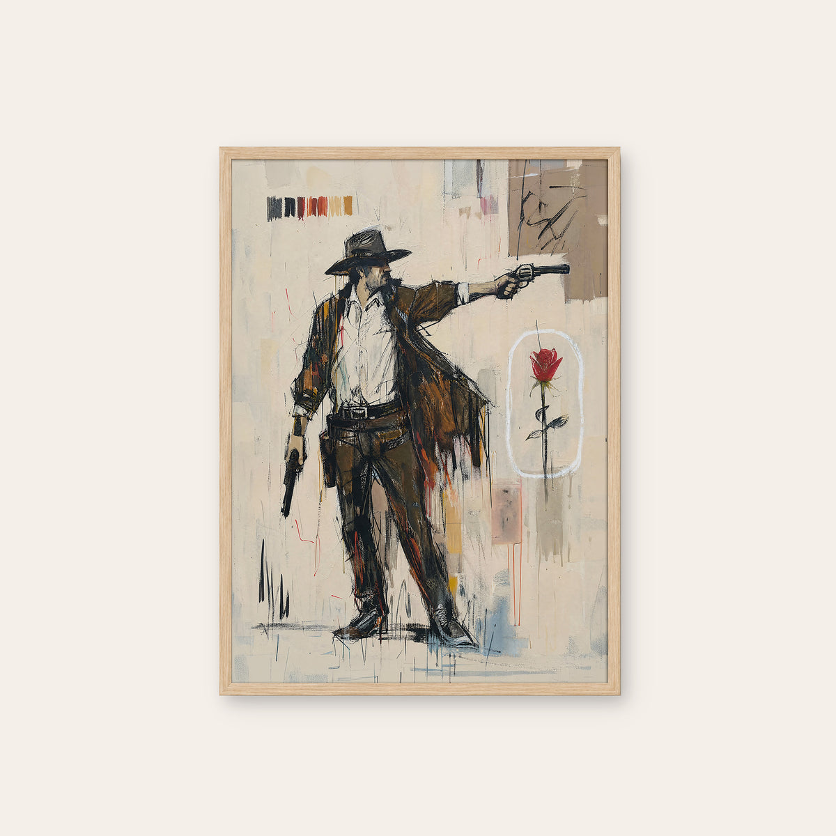 Red Rose Gunslinger western print in a natural wood frame