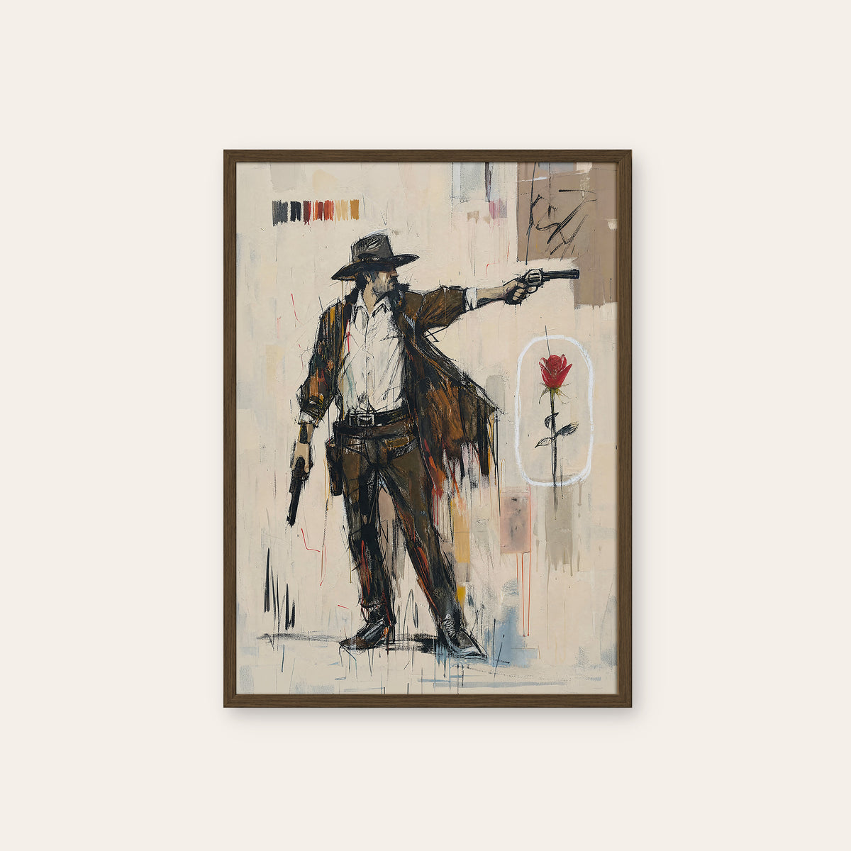 Red Rose Gunslinger western print in a dark wood frame