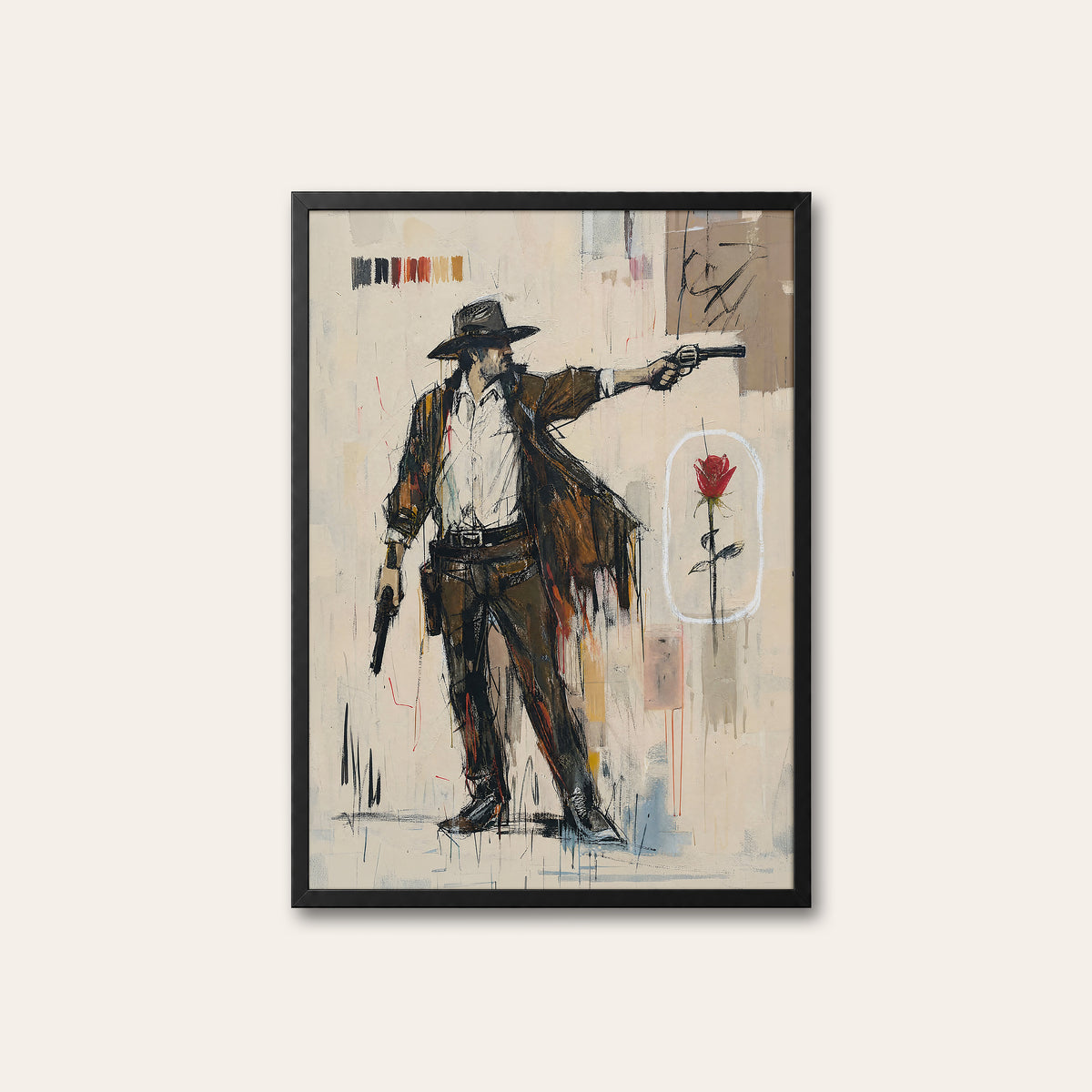 Red Rose Gunslinger western print in a black frame