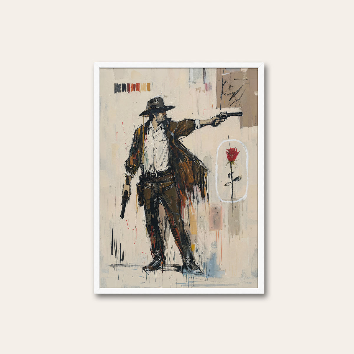 Red Rose Gunslinger western print in a white frame