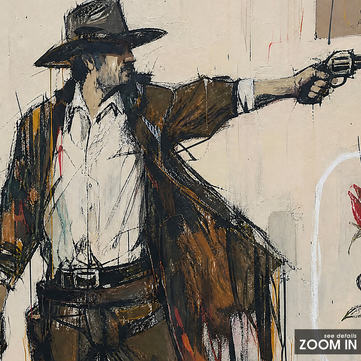 Red Rose Gunslinger artwork, close-up of the printed details