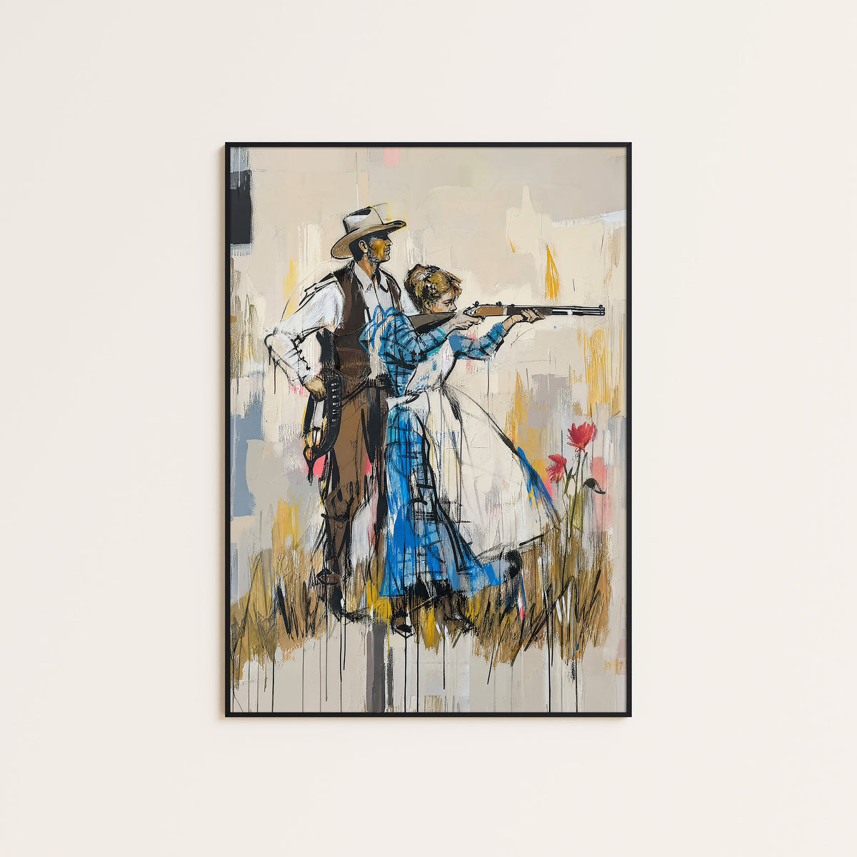Blue Dress Sharpshooter western print displayed in a slim black frame