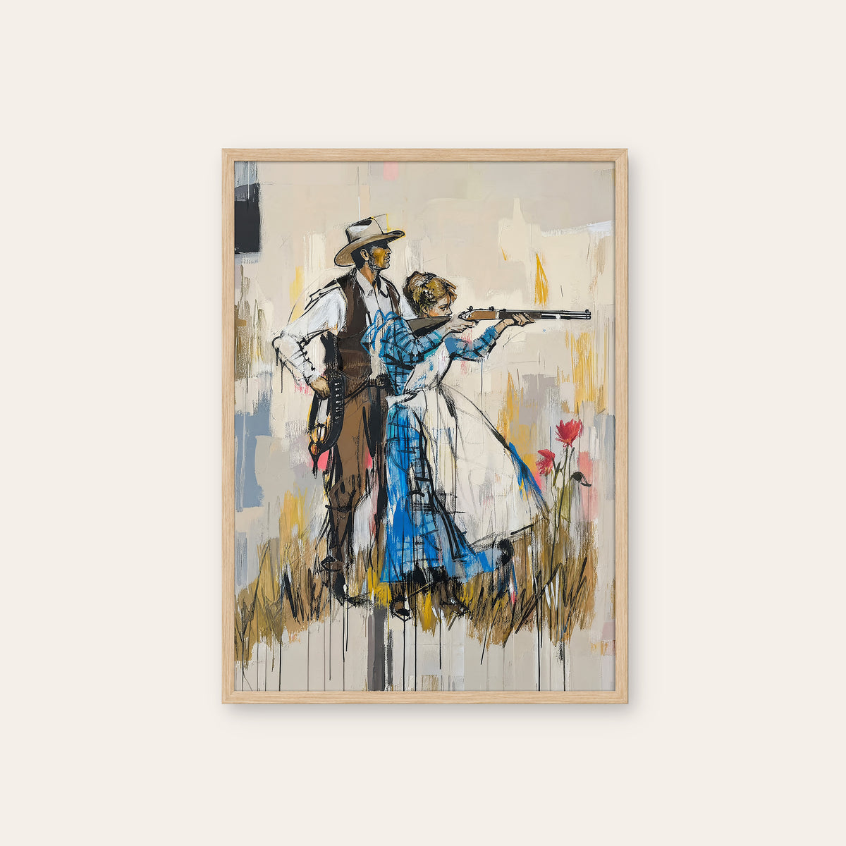 Blue Dress Sharpshooter western print in a natural wood frame