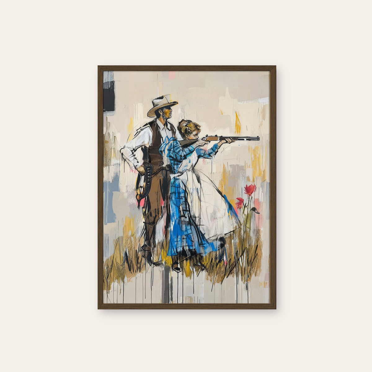 Blue Dress Sharpshooter western print in a dark wood frame