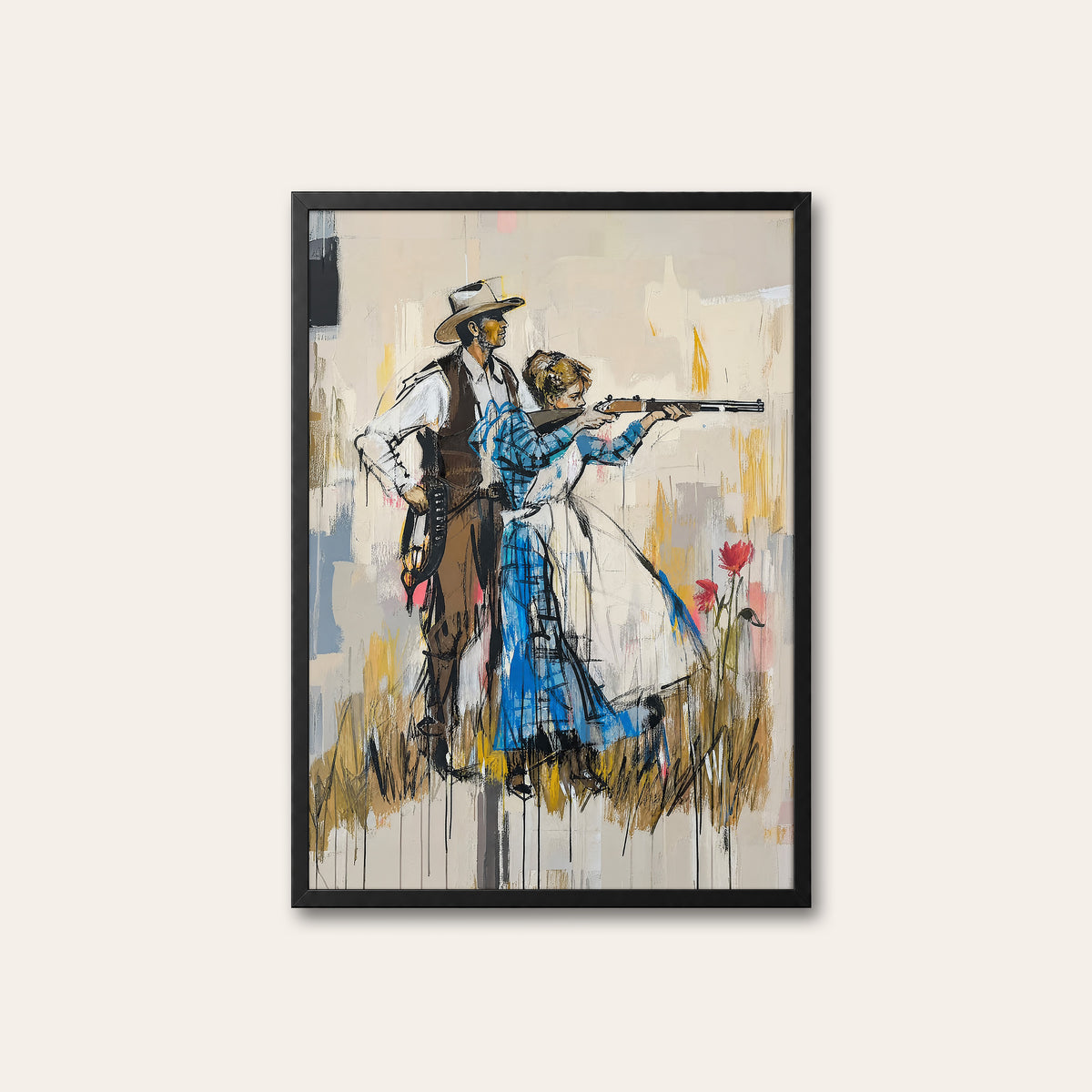 Blue Dress Sharpshooter western print in a black frame
