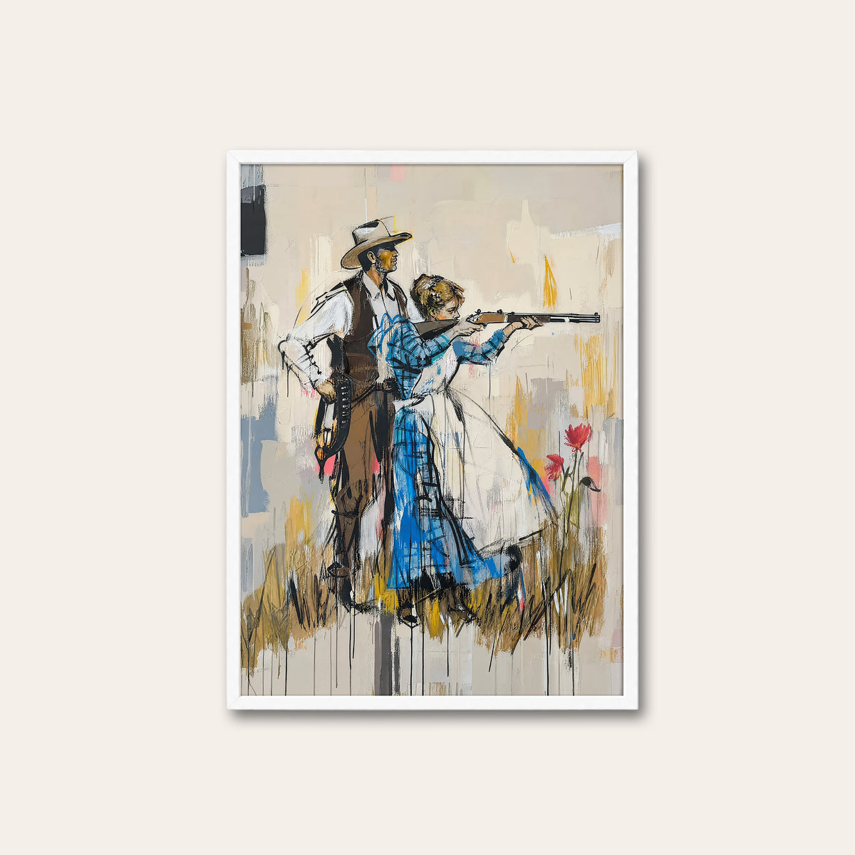 Blue Dress Sharpshooter western print in a white frame