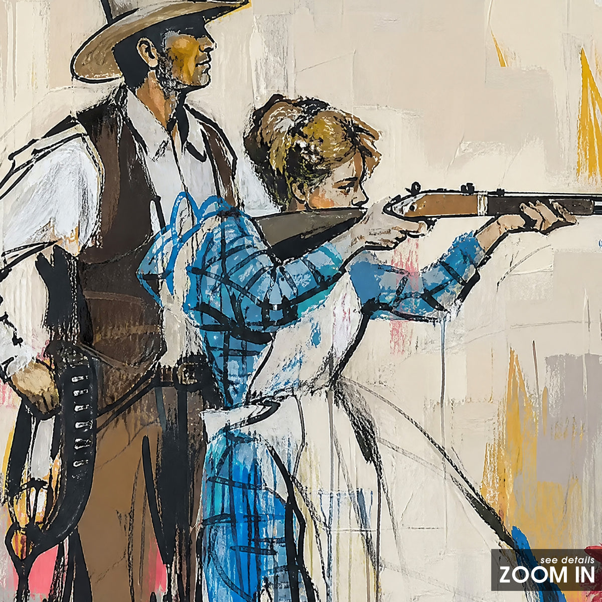 Blue Dress Sharpshooter artwork, close-up of the printed details