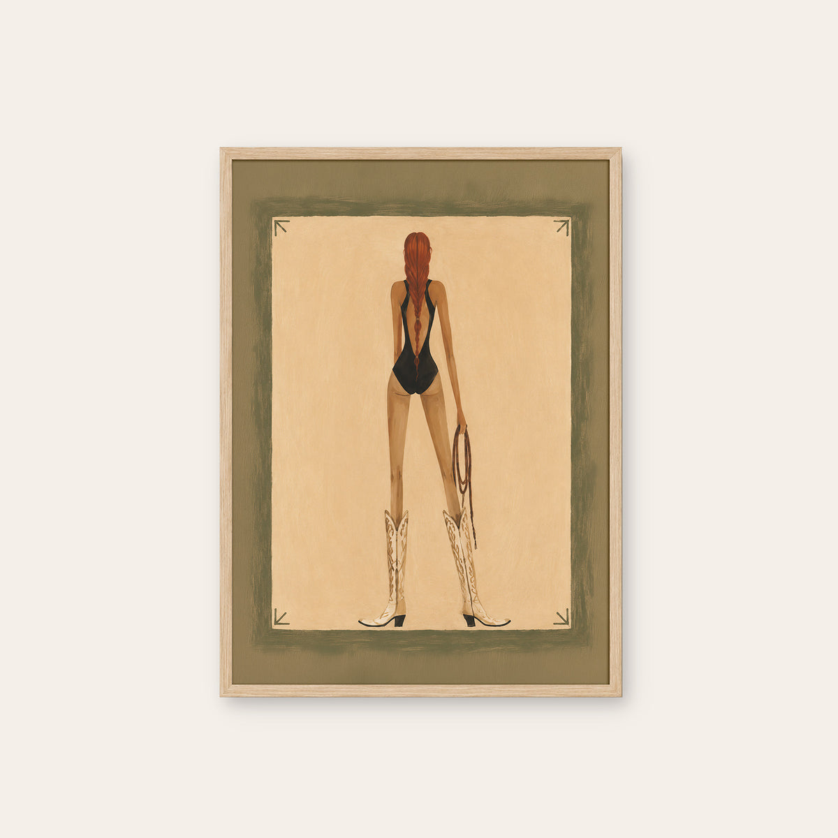 Long Braid, Tall Boots - Cowgirl Print - natural wood frame