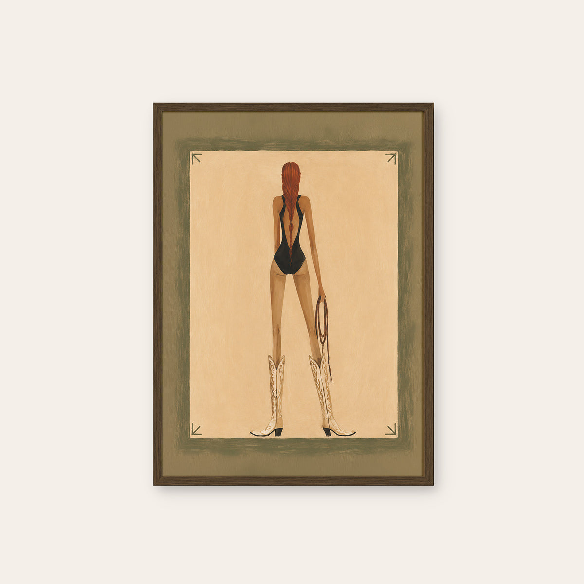 Long Braid, Tall Boots - Cowgirl Print - dark wood frame