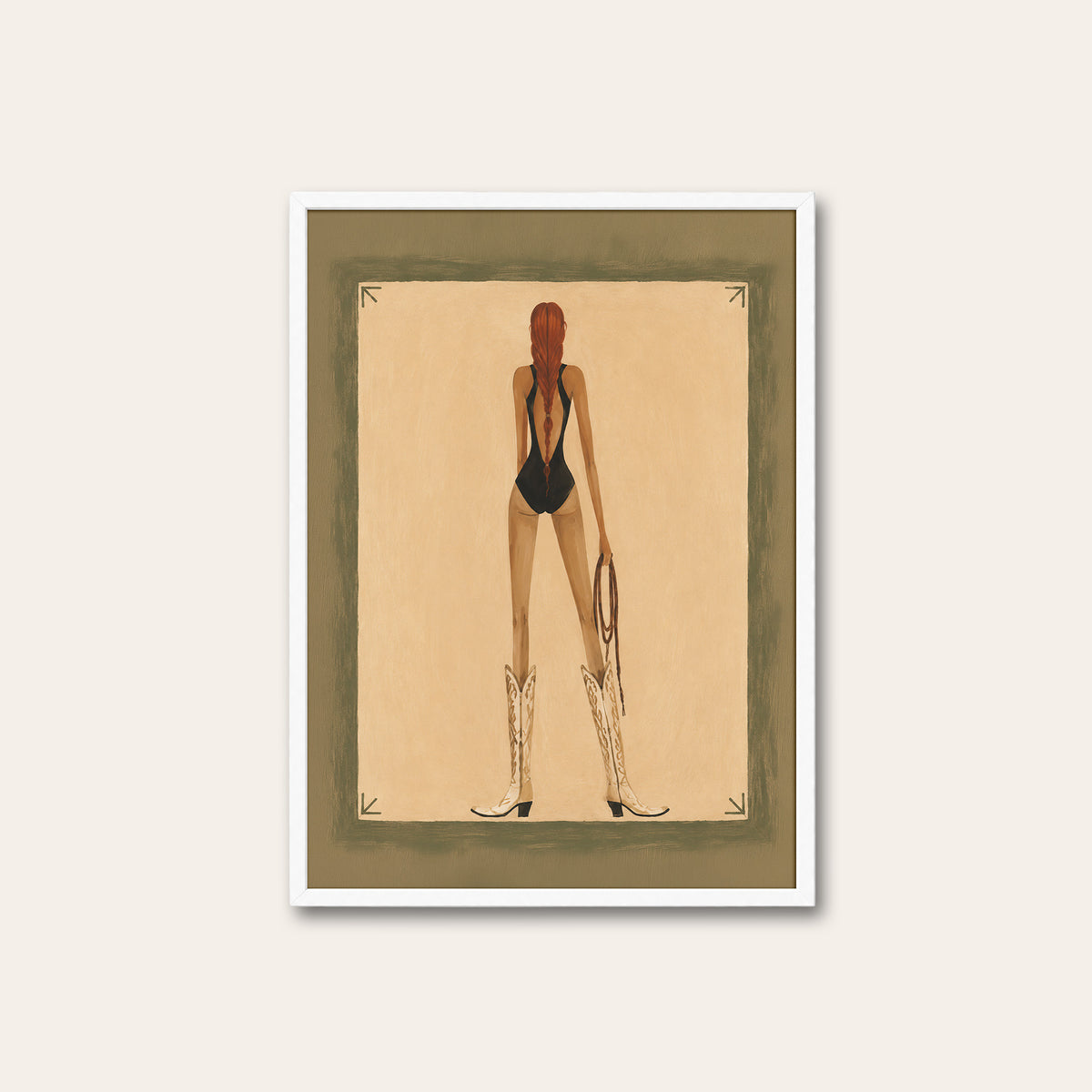 Long Braid, Tall Boots - Cowgirl Print - white frame