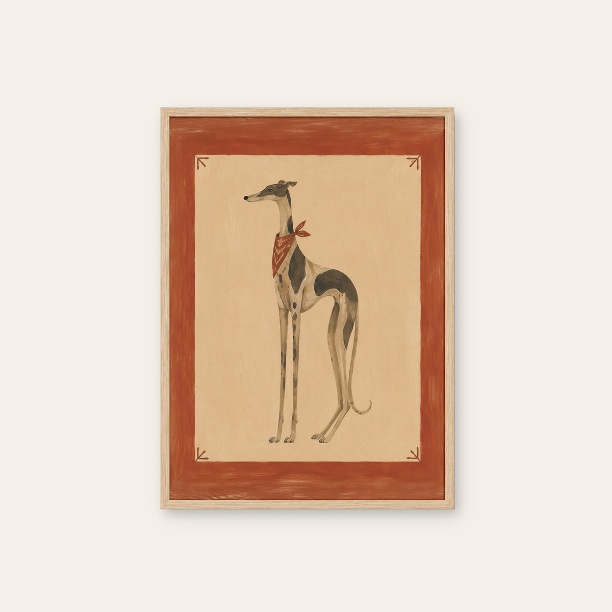 Long Tall Hound - Bandana Dog Print - natural wood frame