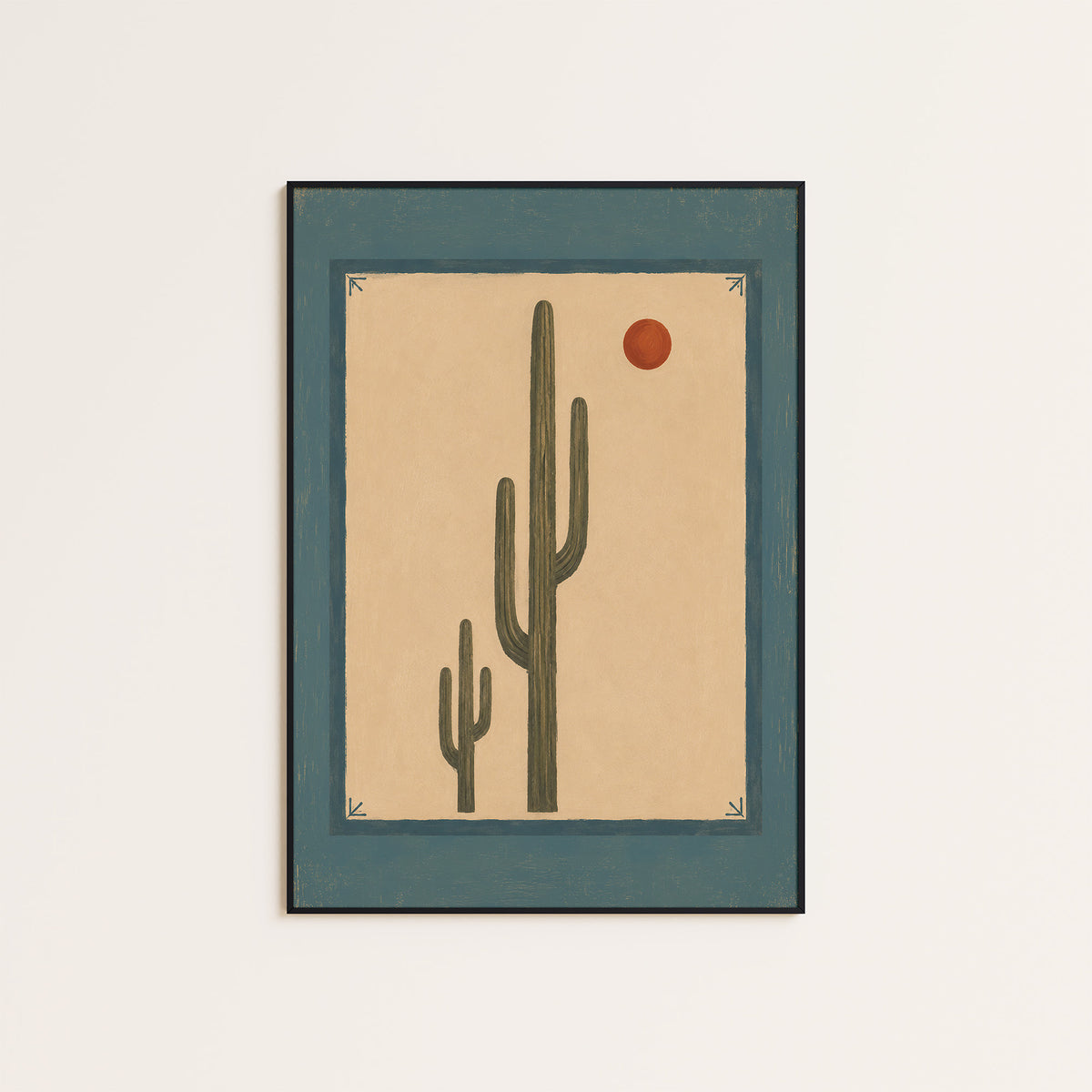 Desert Sun - Blue Border Cactus Print - framed artwork overview