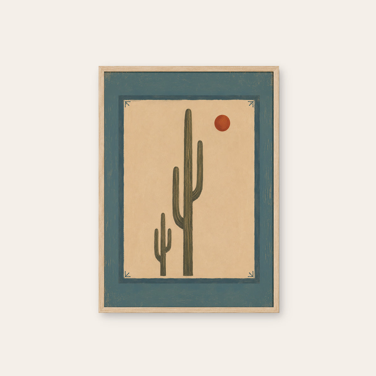 Desert Sun - Blue Border Cactus Print - natural wood frame