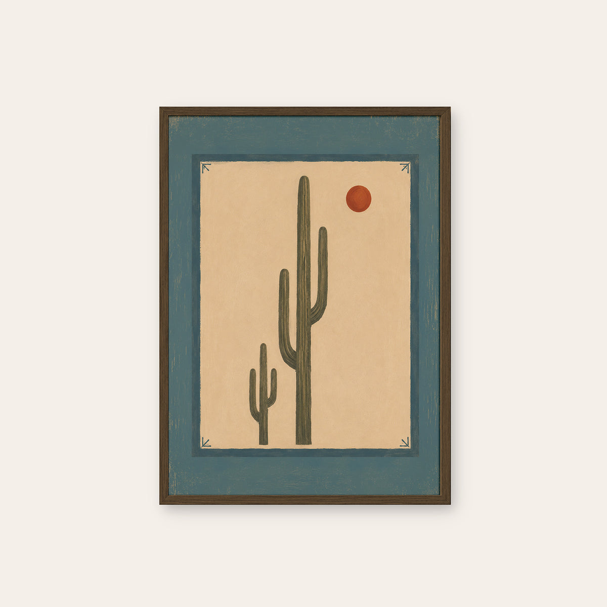 Desert Sun - Blue Border Cactus Print - dark wood frame