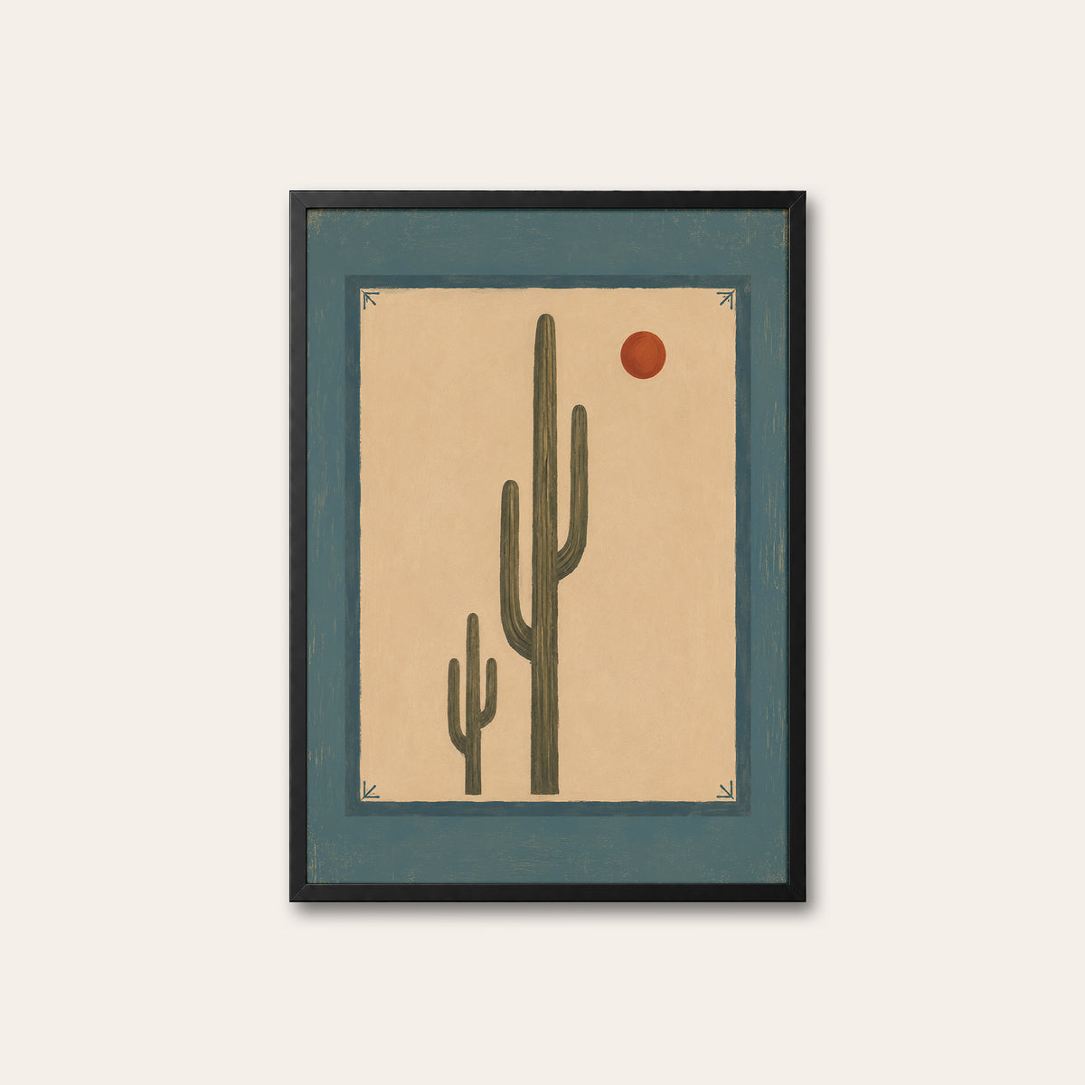 Desert Sun - Blue Border Cactus Print - black frame