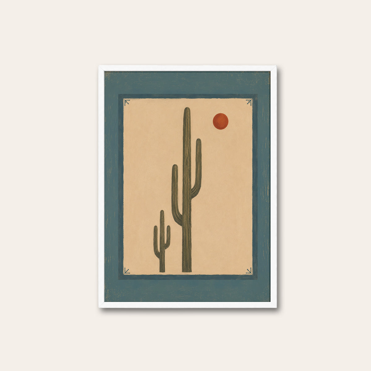Desert Sun - Blue Border Cactus Print - white frame