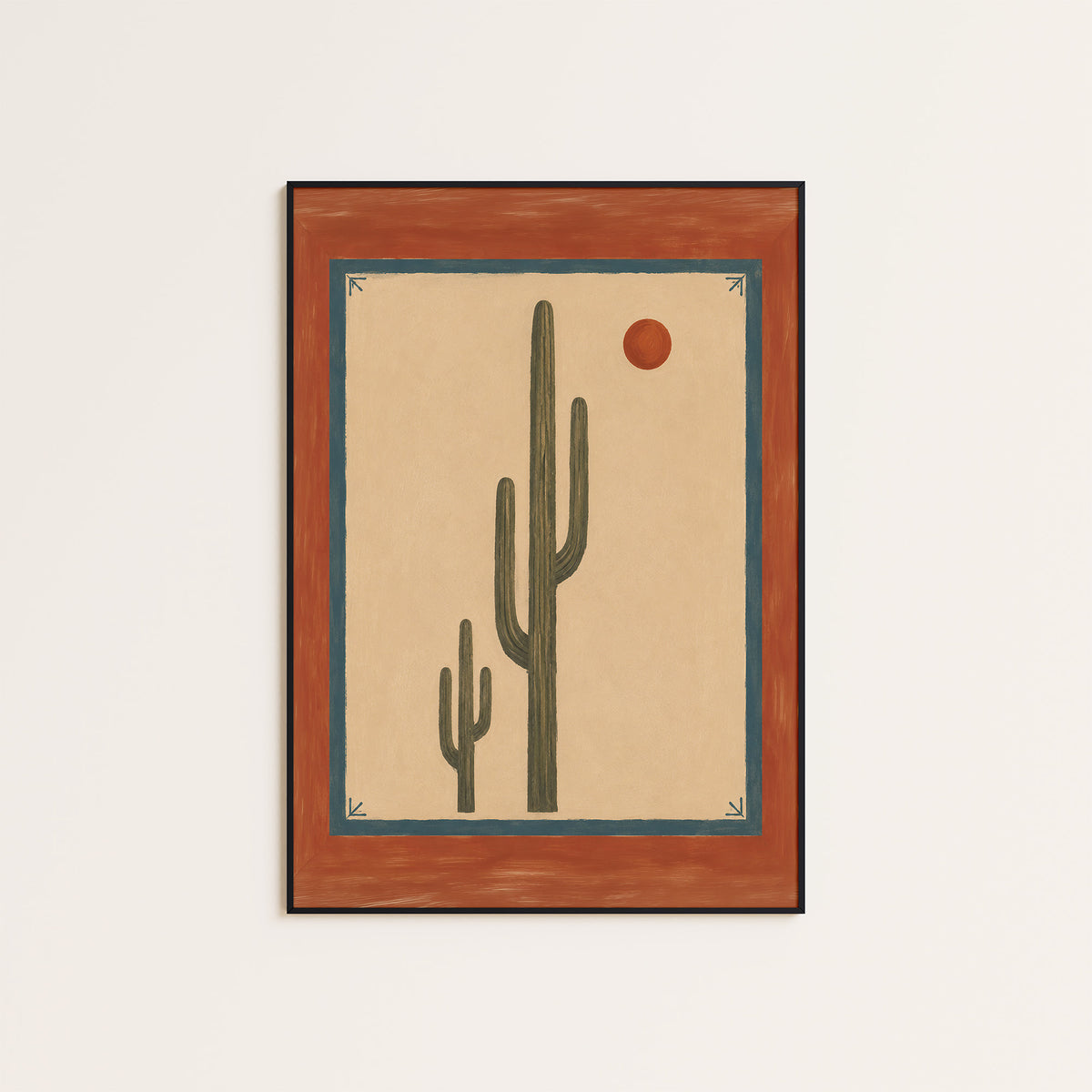 Desert Sun - Terracotta Border Cactus Print - framed artwork overview