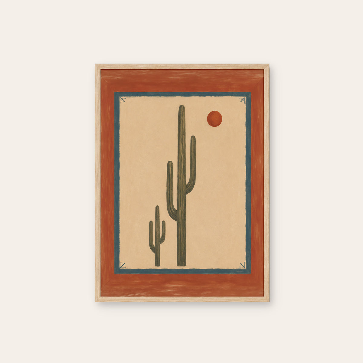 Desert Sun - Terracotta Border Cactus Print - natural wood frame