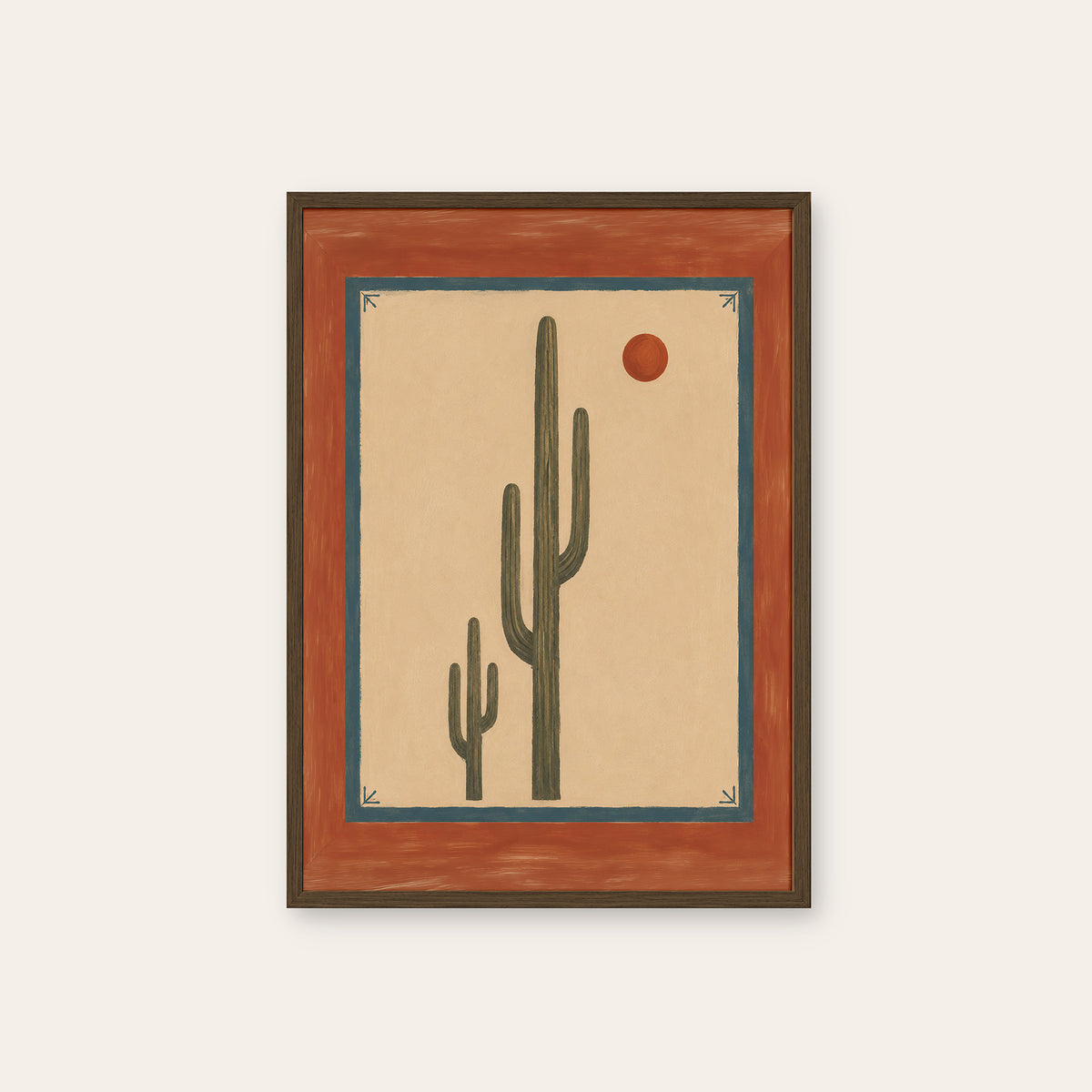 Desert Sun - Terracotta Border Cactus Print - dark wood frame
