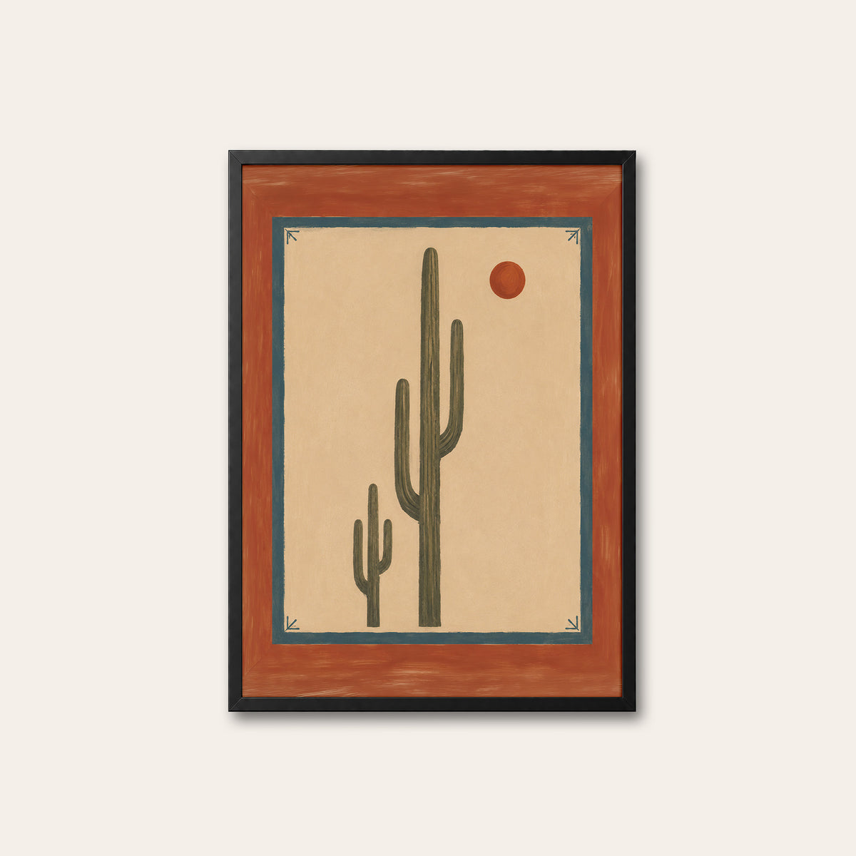Desert Sun - Terracotta Border Cactus Print - black frame