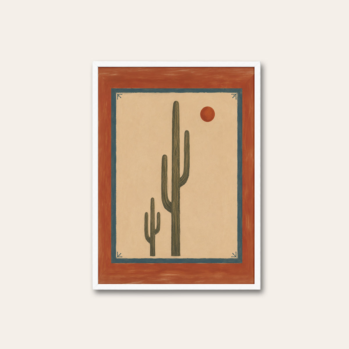 Desert Sun - Terracotta Border Cactus Print - white frame