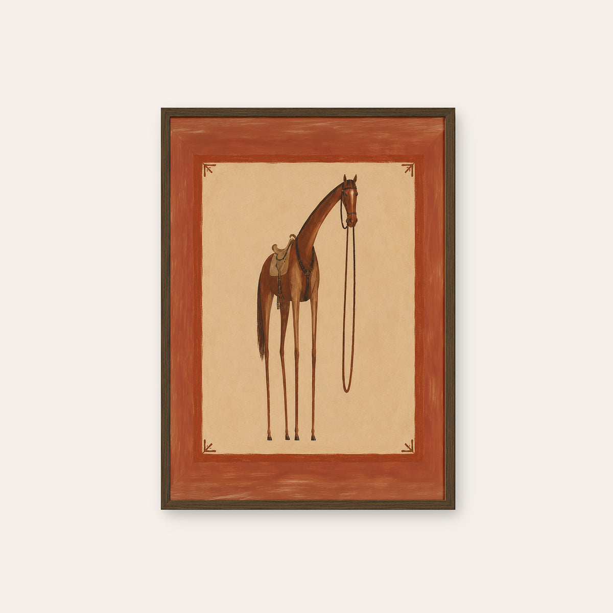 Saddled and Standing - Horse Print - dark wood frame
