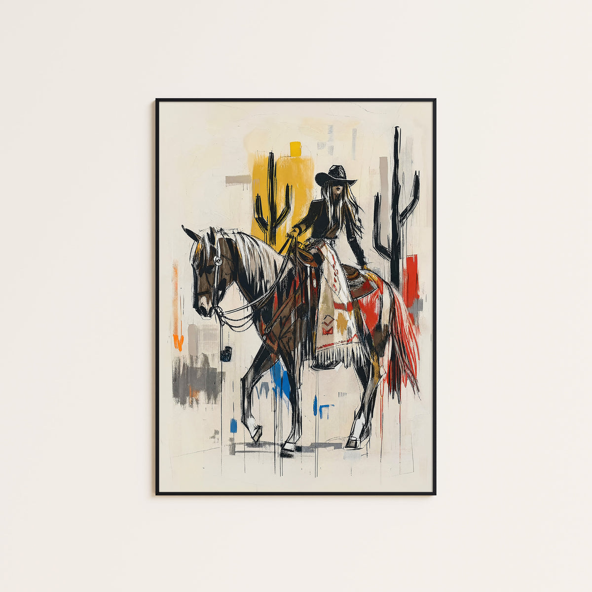 Desert Horsewoman western print displayed in a slim black frame