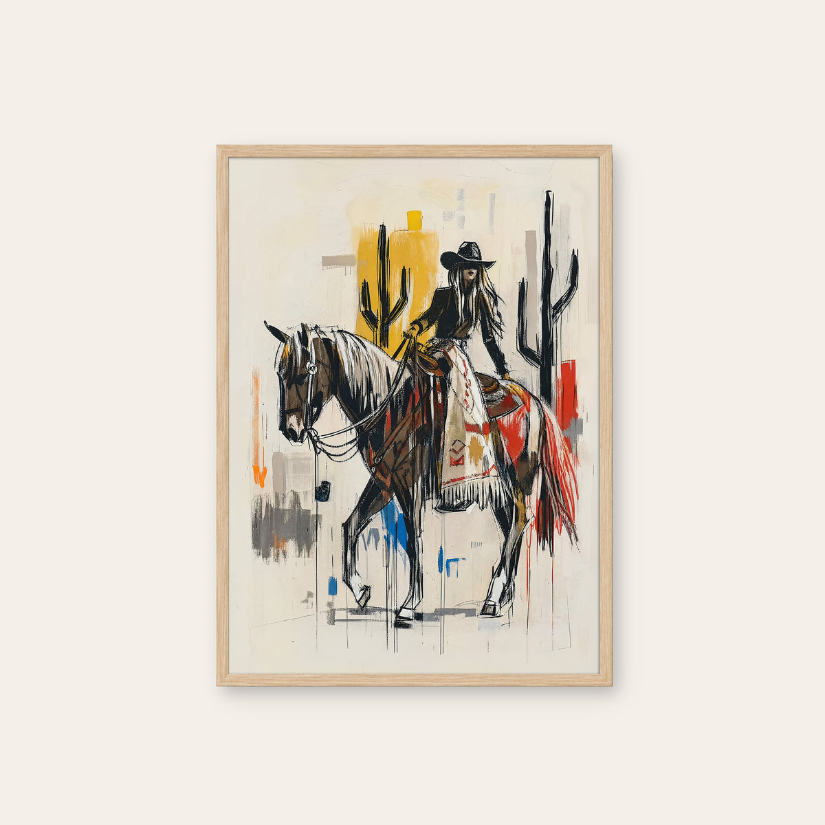 Desert Horsewoman western print in a natural wood frame