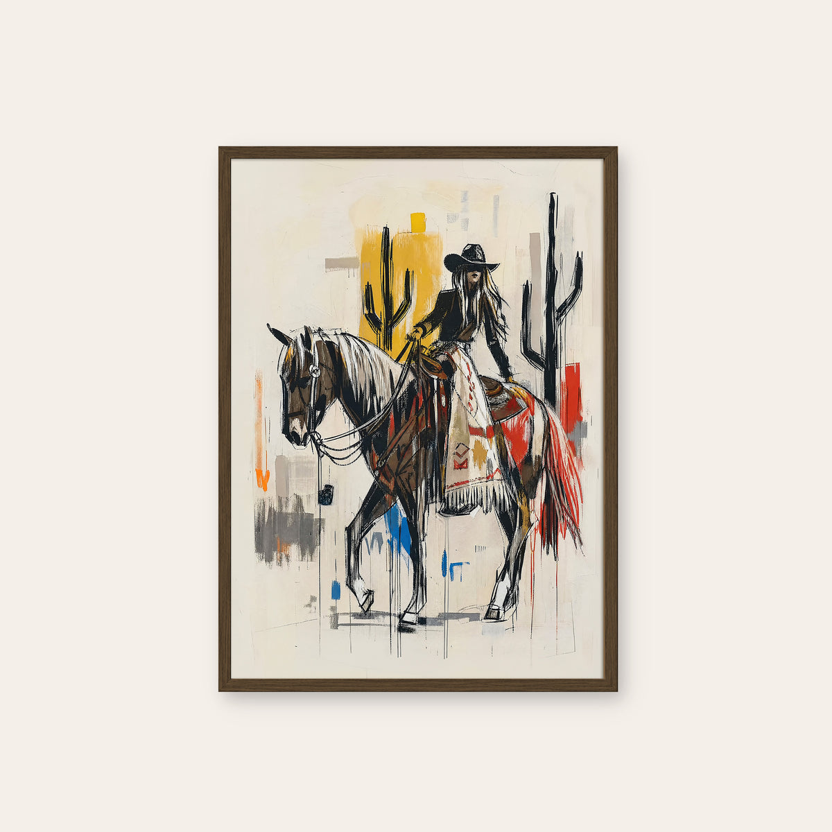 Desert Horsewoman western print in a dark wood frame
