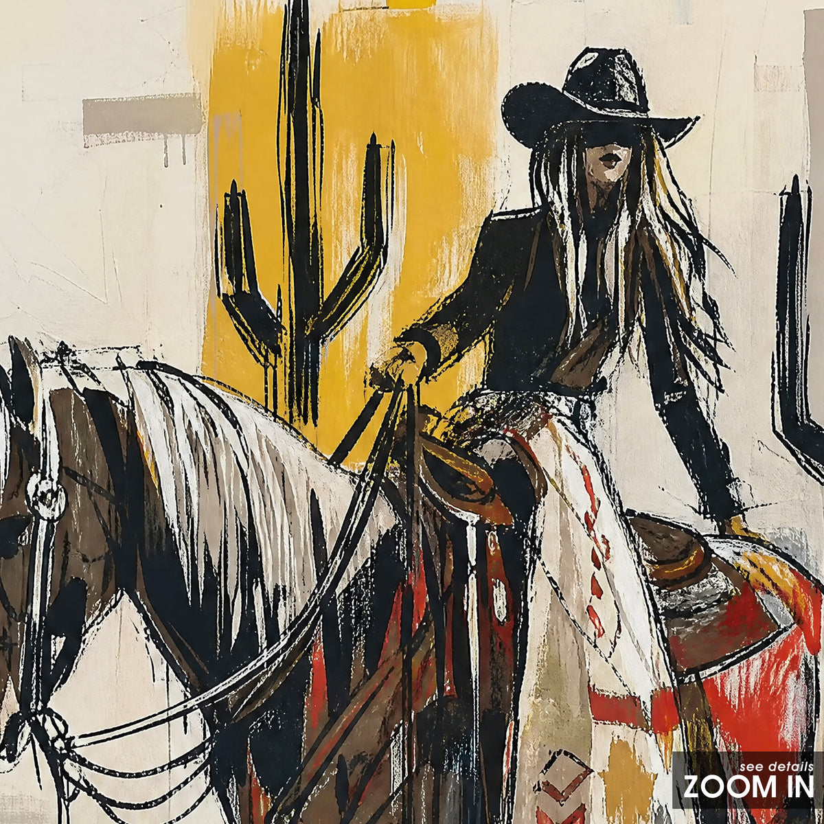 Desert Horsewoman artwork, close-up of the printed details