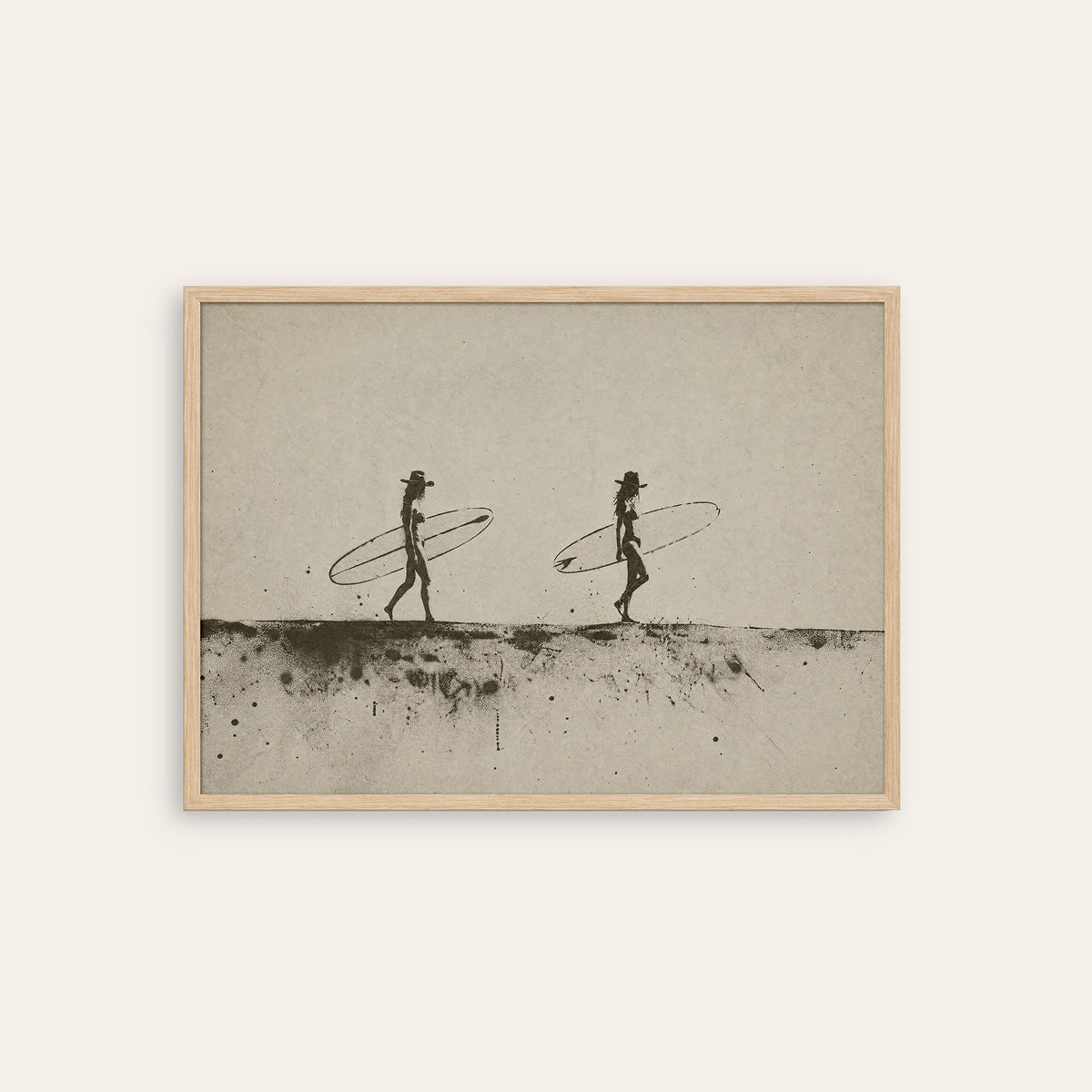 Two for the Surf - Cowboy Surfers Print - natural wood frame