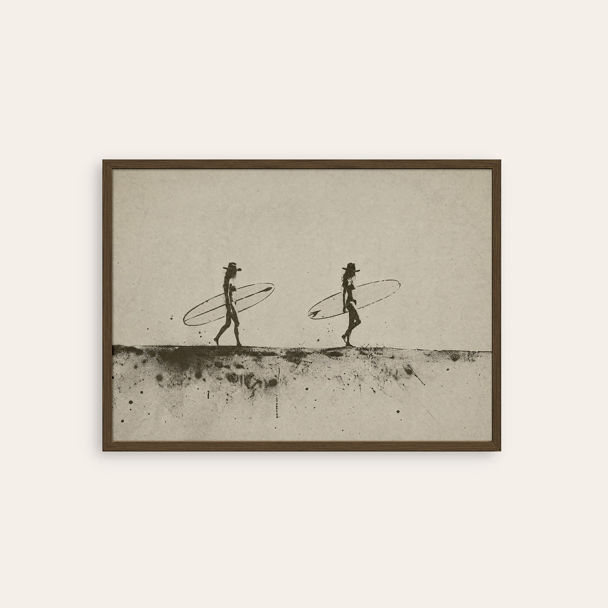 Two for the Surf - Cowboy Surfers Print - dark wood frame