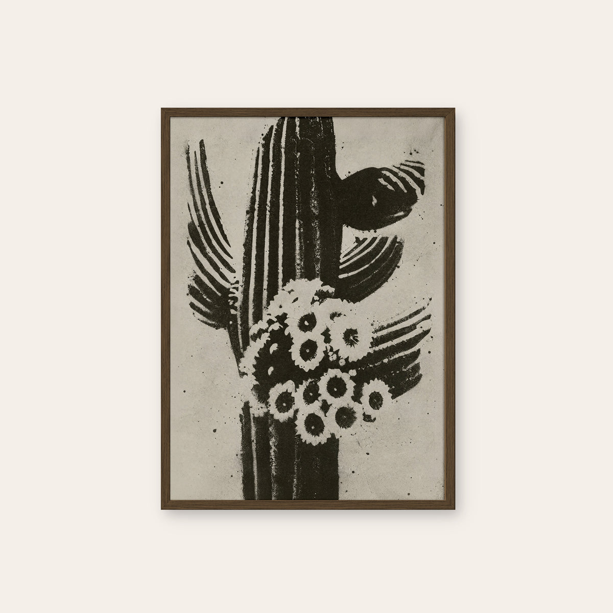 Saguaro Bloom western print in a dark wood frame