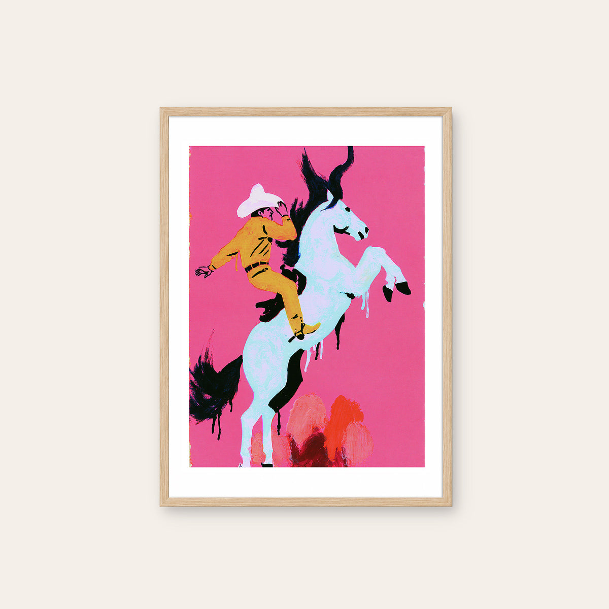 Pink Rodeo - Pop Art Cowboy Print - natural wood frame