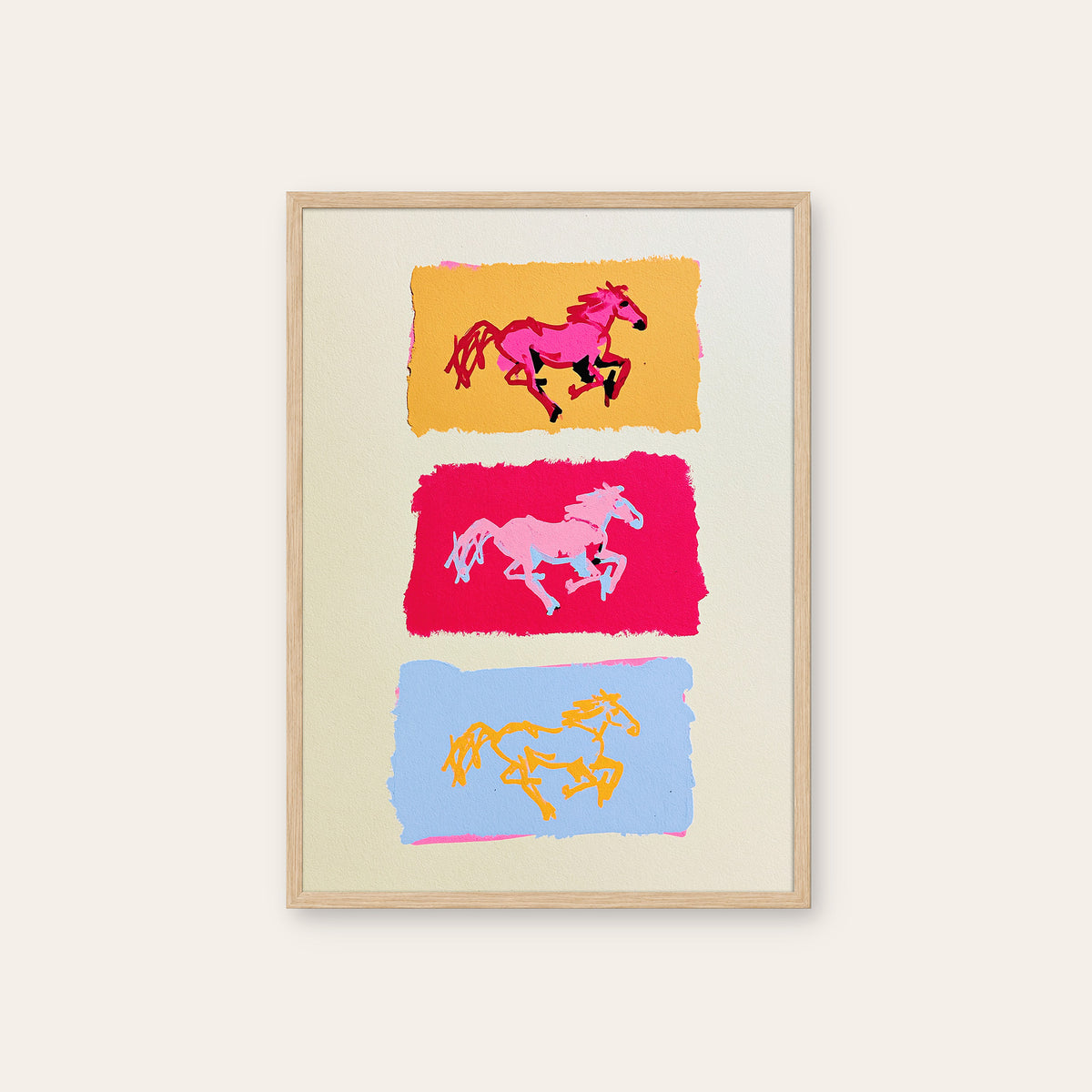 Triple Gallop - Colorful Horse Print - natural wood frame