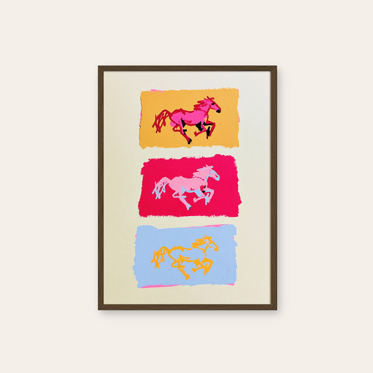 Triple Gallop - Colorful Horse Print - dark wood frame