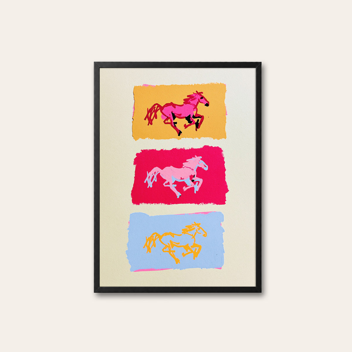 Triple Gallop - Colorful Horse Print - black frame