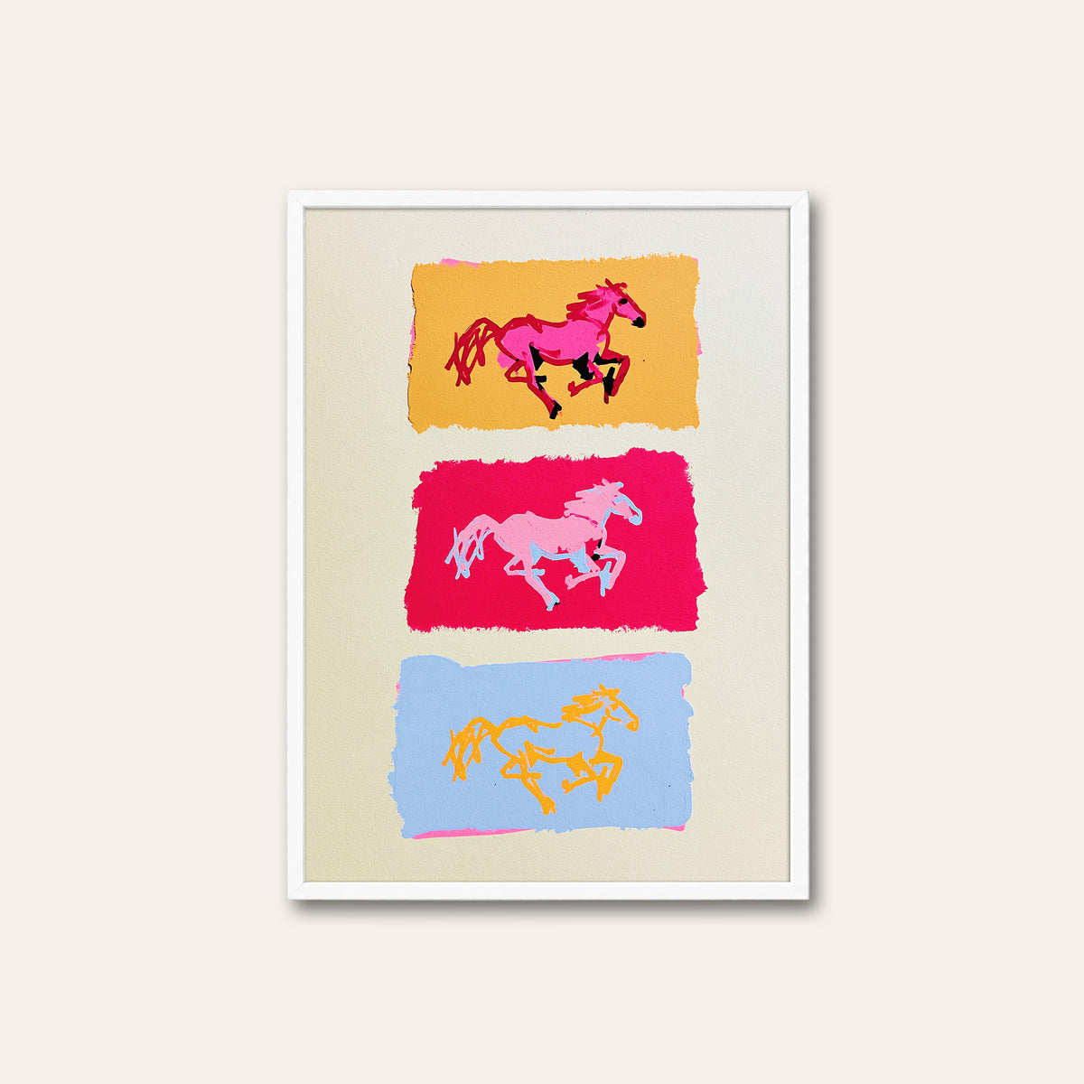 Triple Gallop - Colorful Horse Print - white frame