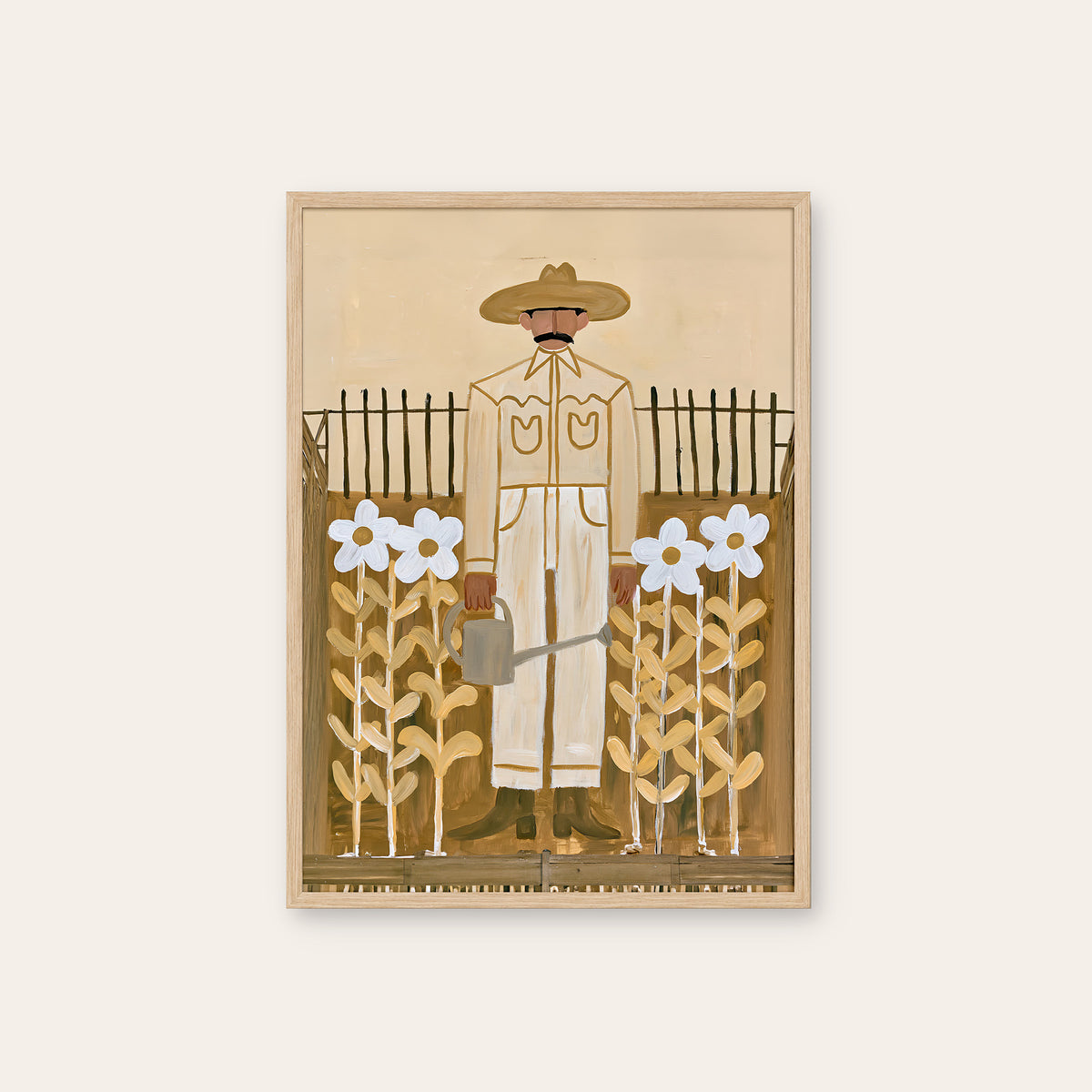 Gentle Frontier - Gardening Cowboy Print - natural wood frame