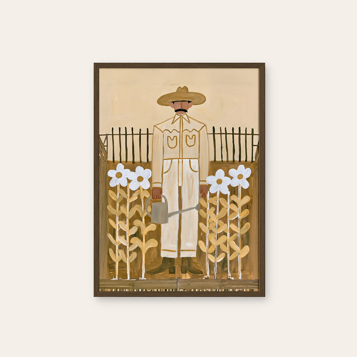 Gentle Frontier - Gardening Cowboy Print - dark wood frame