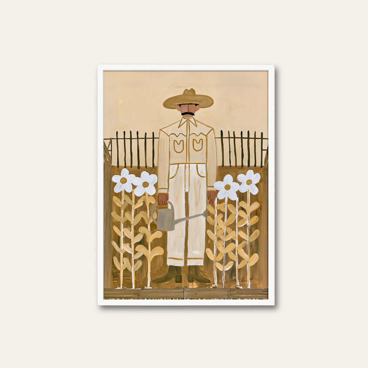 Gentle Frontier - Gardening Cowboy Print - white frame