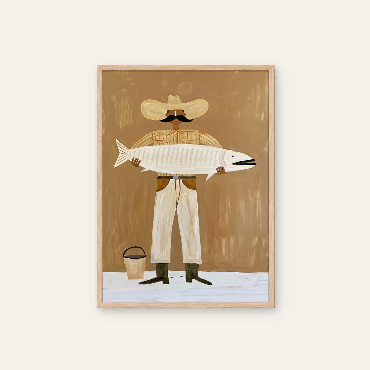 Quite the Catch - Fishing Cowboy Print - natural wood frame