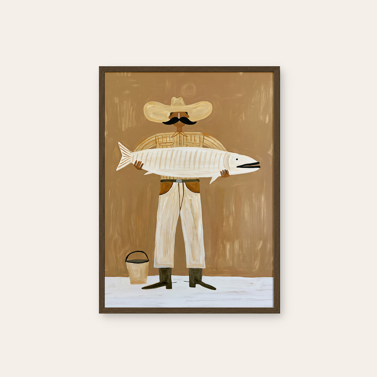 Quite the Catch - Fishing Cowboy Print - dark wood frame