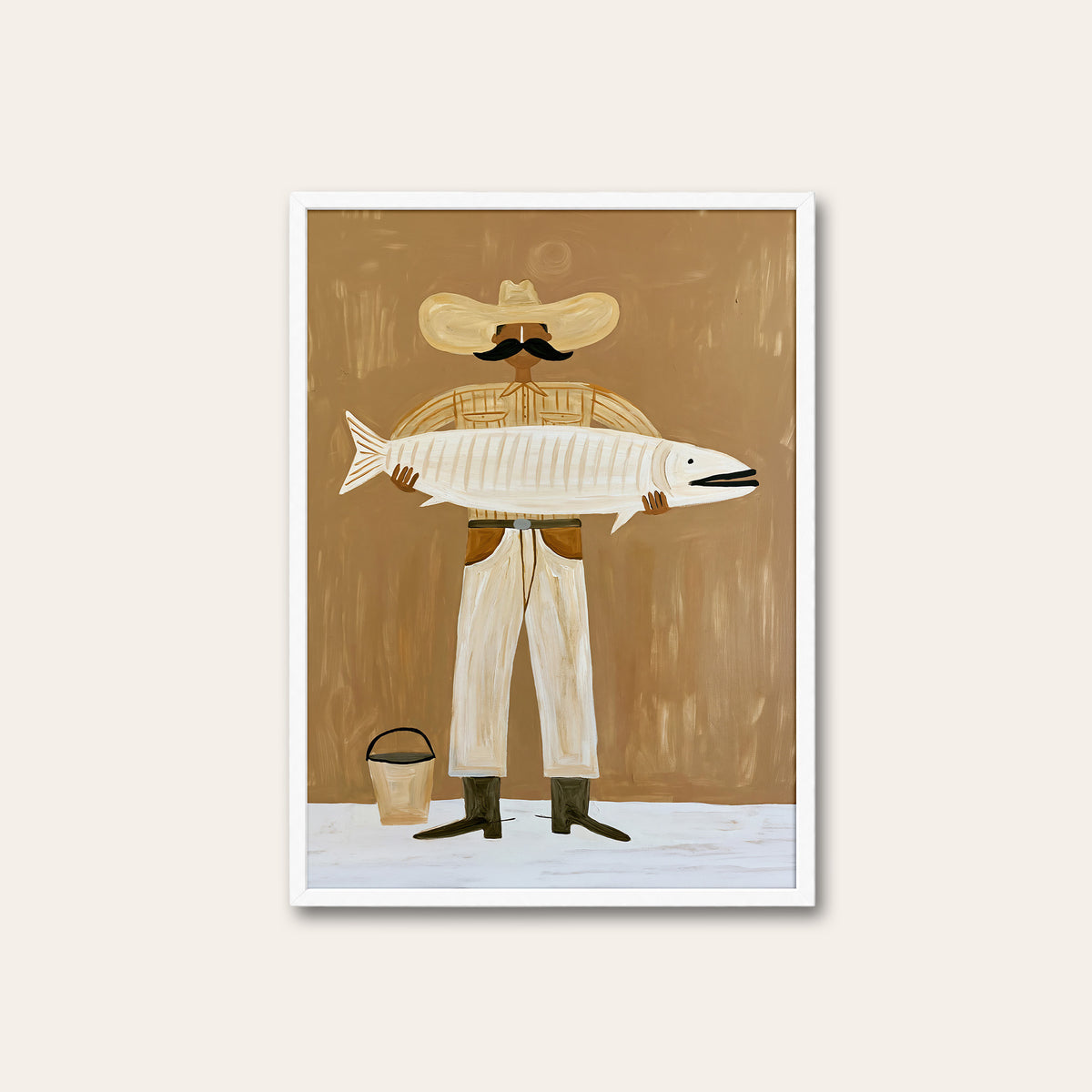 Quite the Catch - Fishing Cowboy Print - white frame
