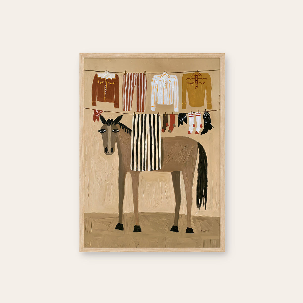 Ranch Laundry Day - Illustrated Horse Print - natural wood frame