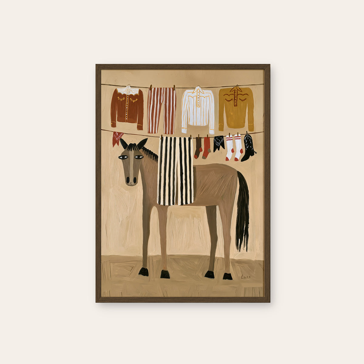 Ranch Laundry Day - Illustrated Horse Print - dark wood frame