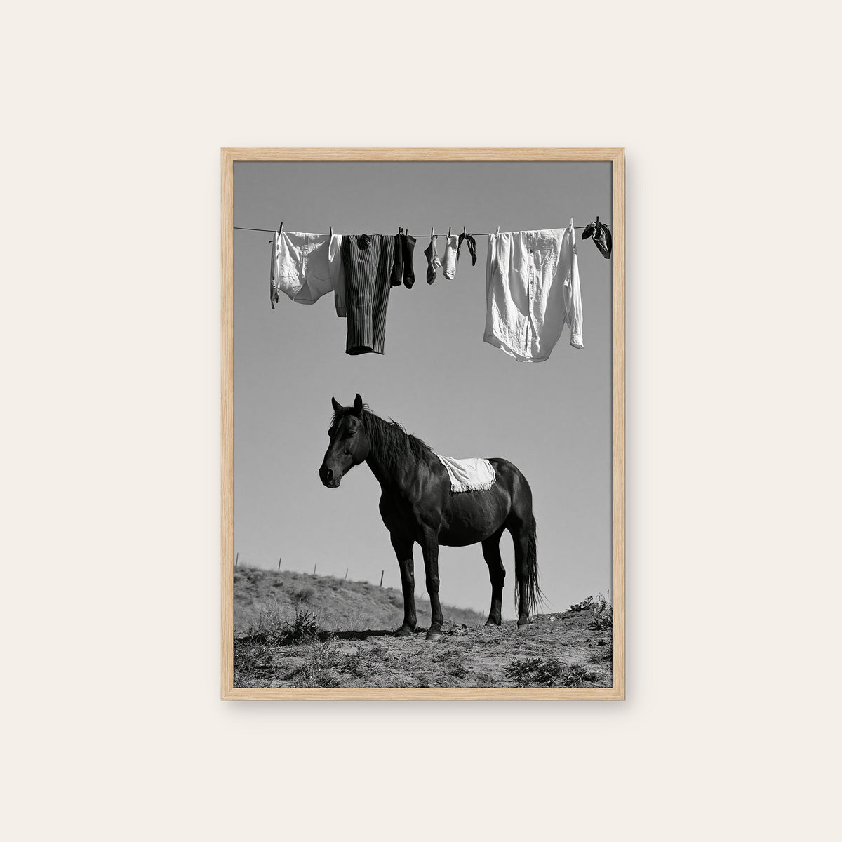 Under the Washing Line - Black Horse Print - natural wood frame