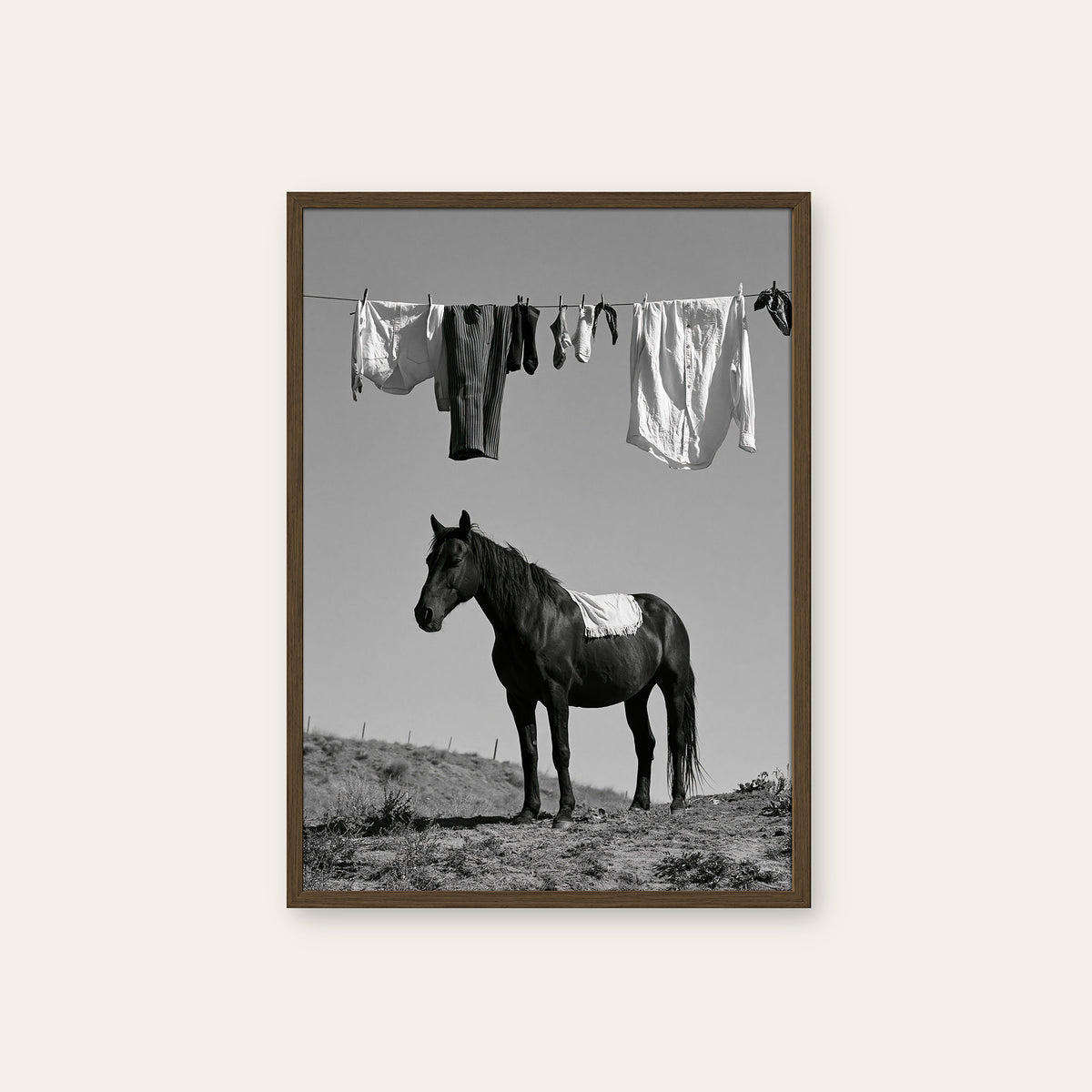 Under the Washing Line - Black Horse Print - dark wood frame