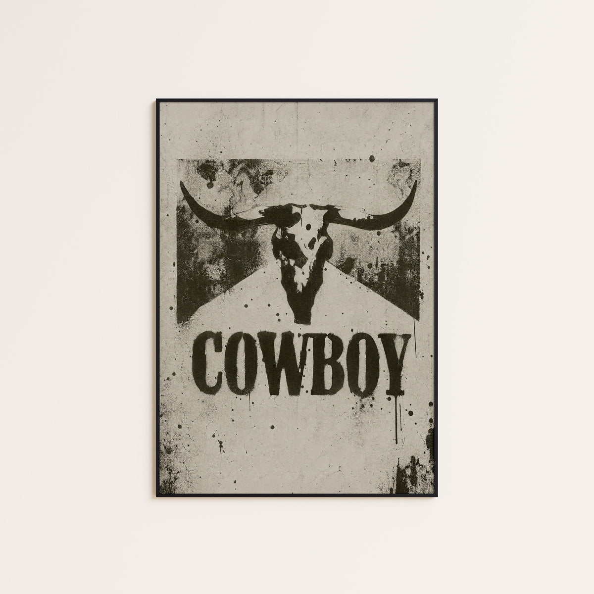 Cowboy Skull western print displayed in a slim black frame