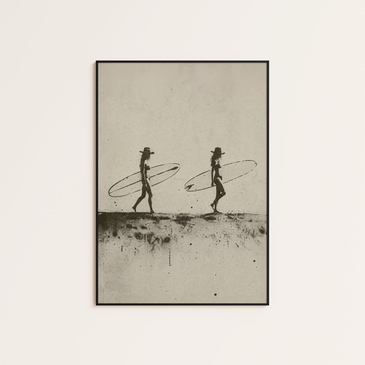 Cowgirl Surfers western print displayed in a slim black frame